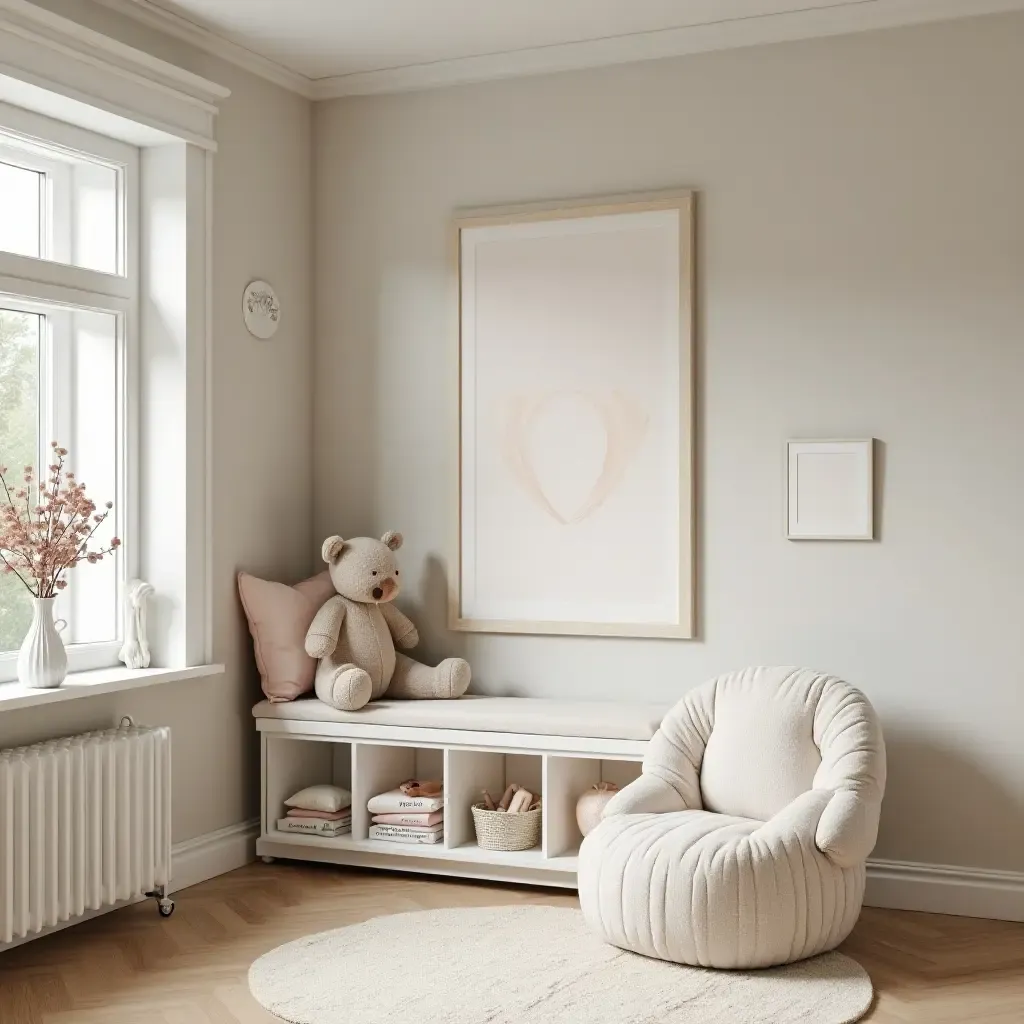 a photo of a nursery with a cozy reading nook and storage