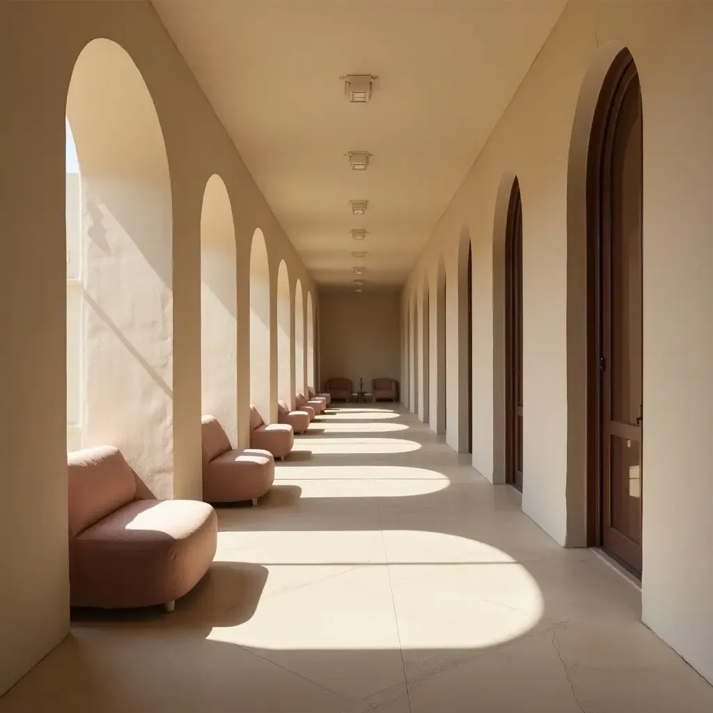 a photo of a tranquil corridor with soft colors and inviting seating