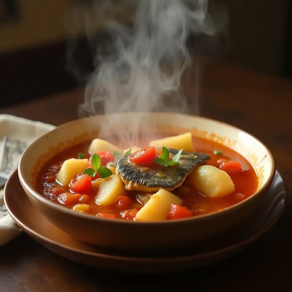 a photo of a steaming bowl of caldeirada, a Portuguese fish stew with potatoes and tomatoes.