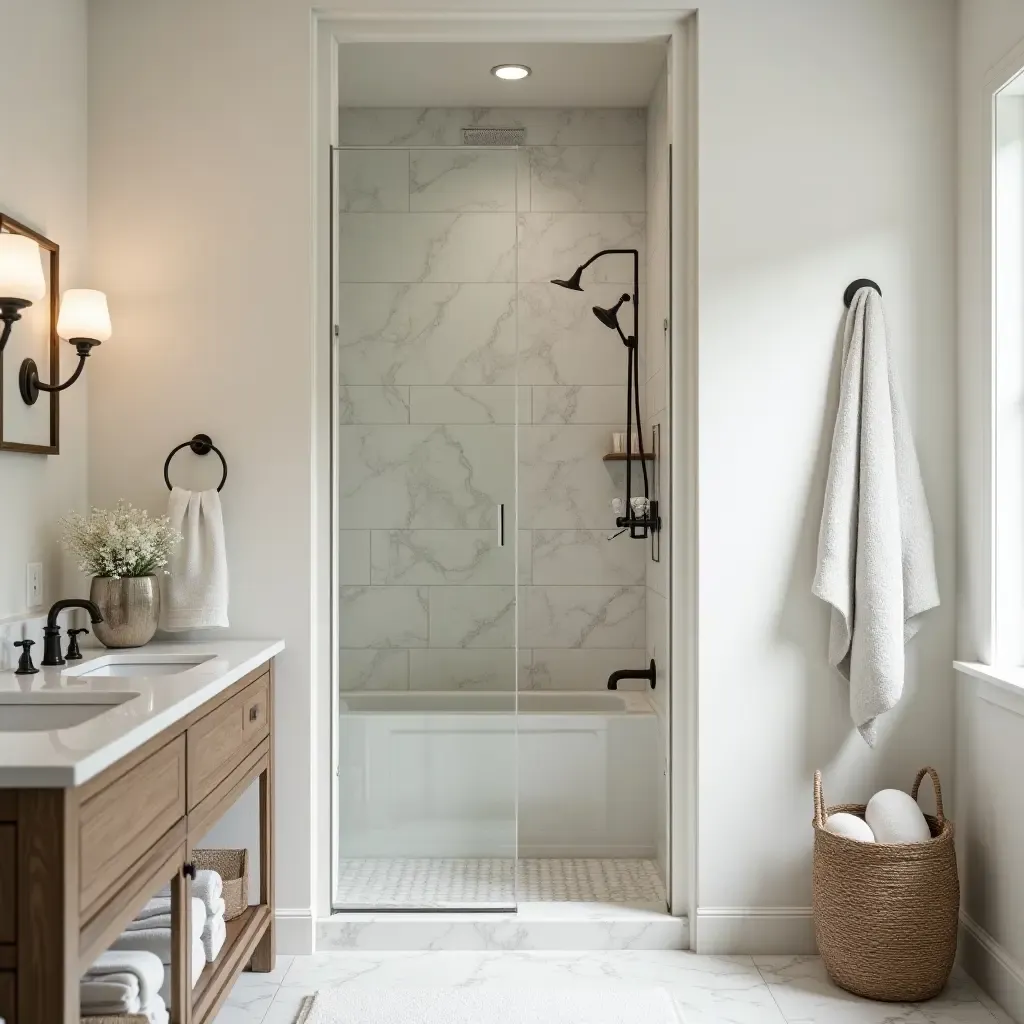 a photo of a cozy bathroom with a farmhouse-style shower and decor