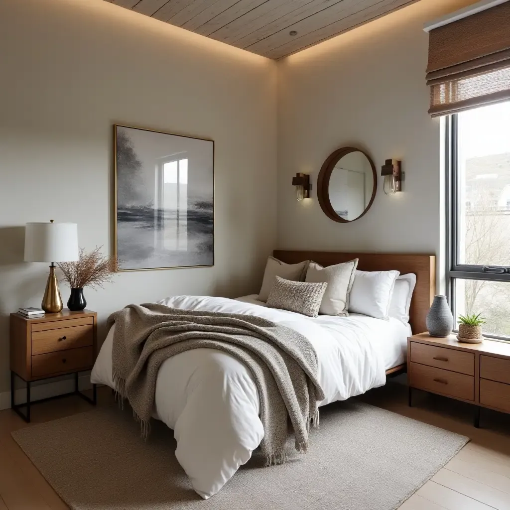 a photo of a small bedroom with cozy textures, modern art, and rustic wood accents