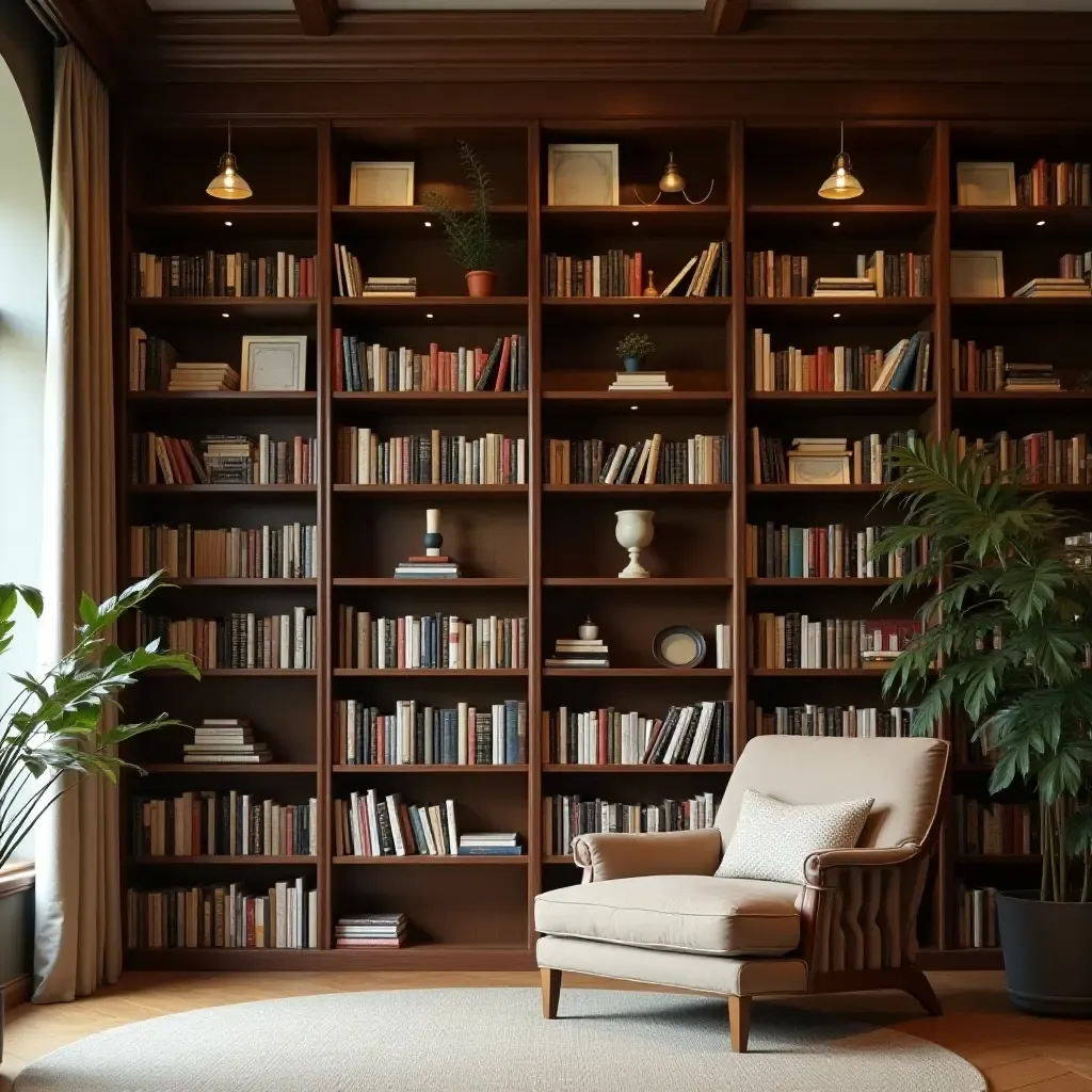 a photo of a library with open shelving and a comfortable reading chair