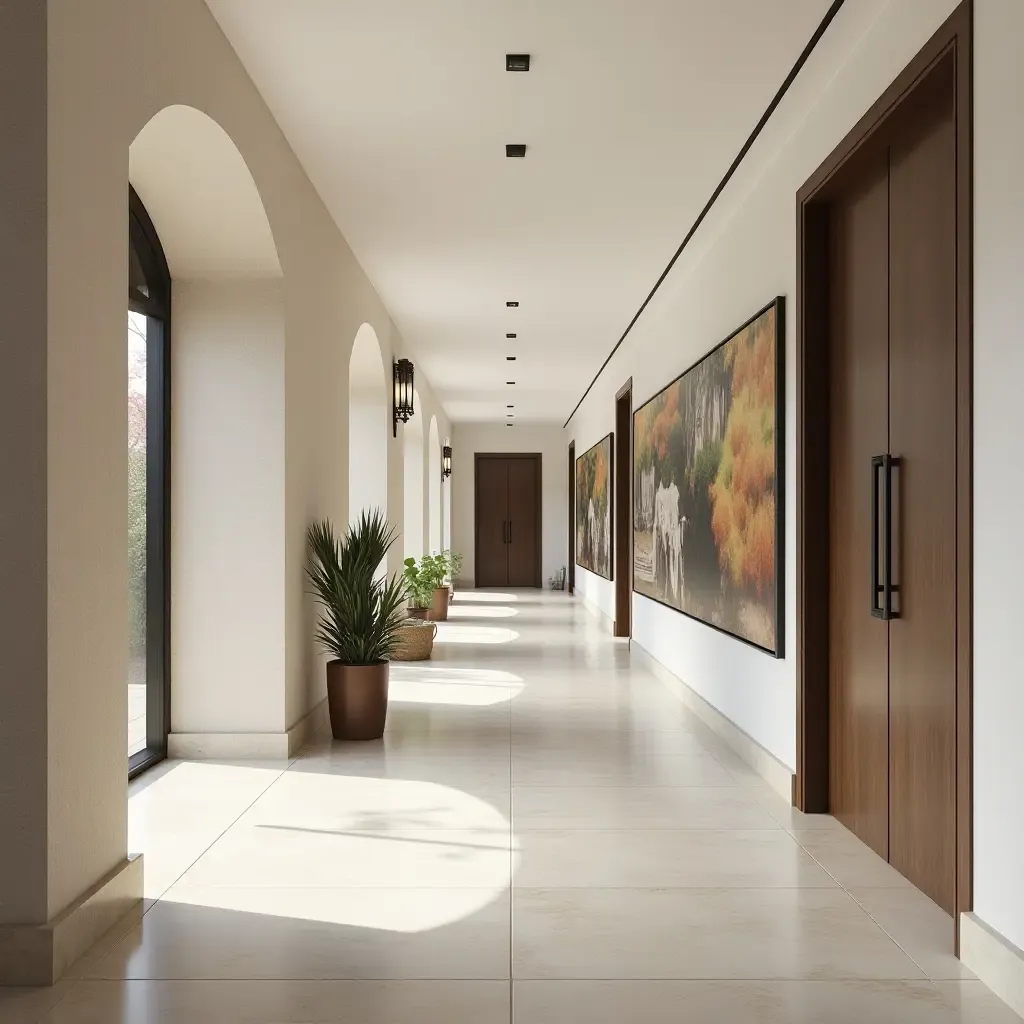 a photo of a stylish corridor with a gallery wall of Mediterranean landscapes