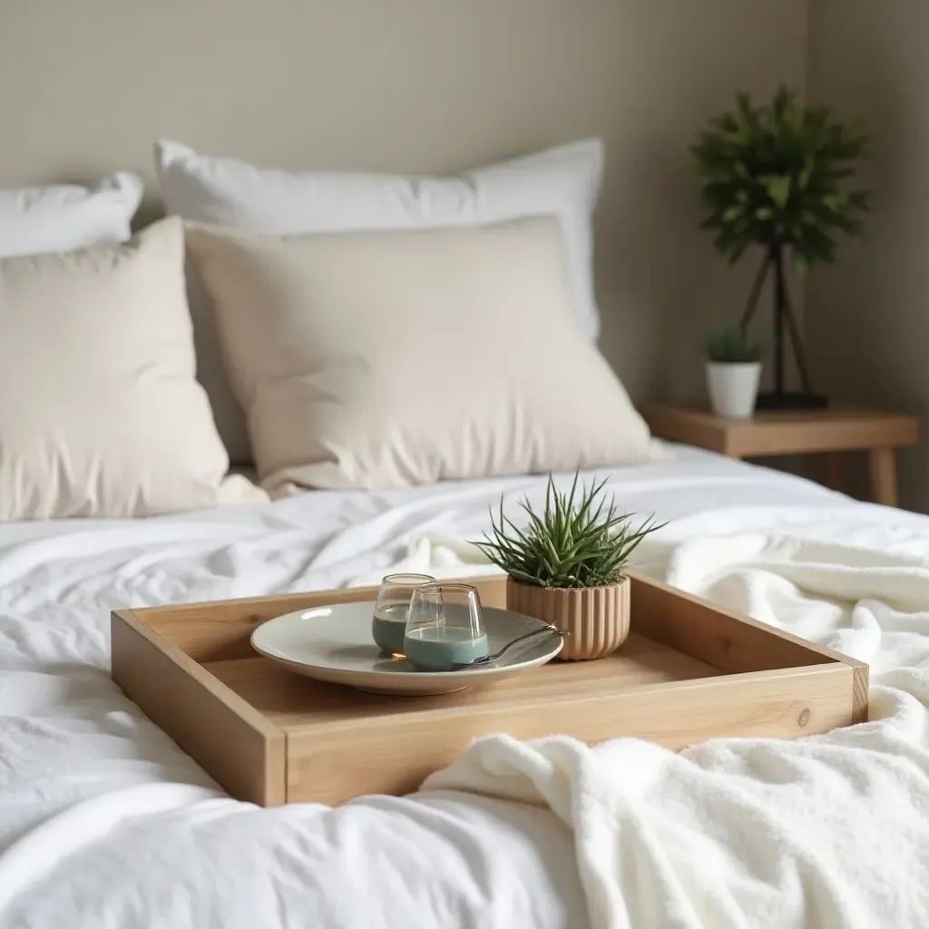 a photo of a decorative tray on a well-styled bed