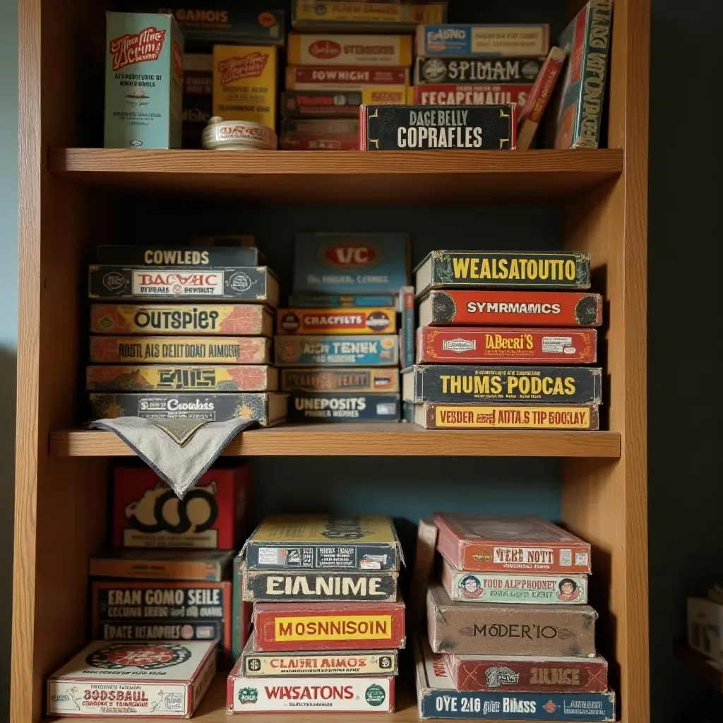 a photo of a collection of vintage board games on a wooden shelf