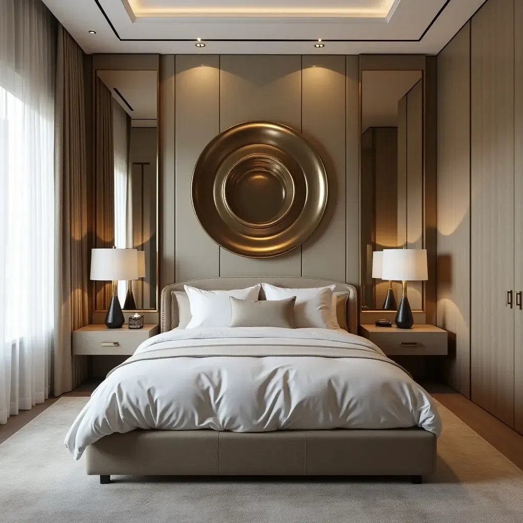 a photo of a luxurious bedroom with bronze decorative mirrors