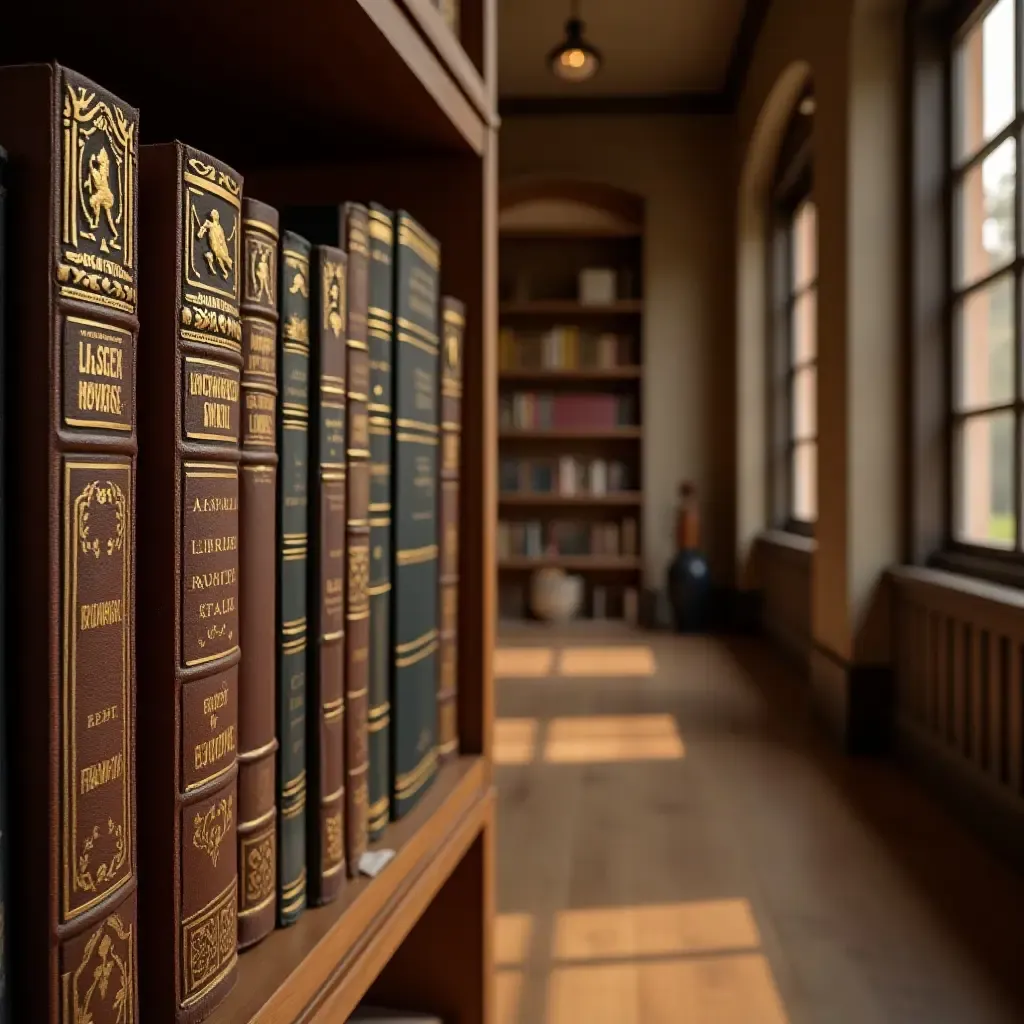 a photo of a bright library with gold accents on book covers