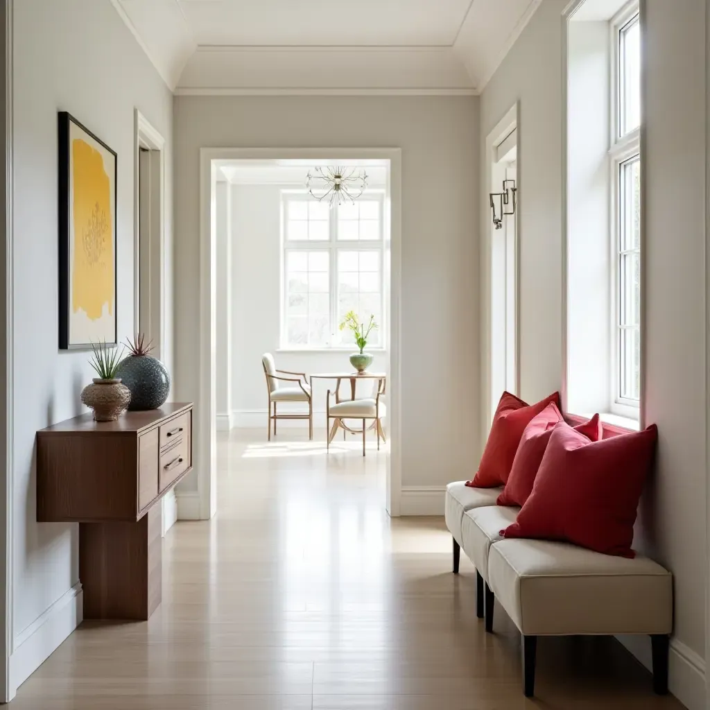 a photo of a modern corridor showcasing vibrant throw pillows on a console table