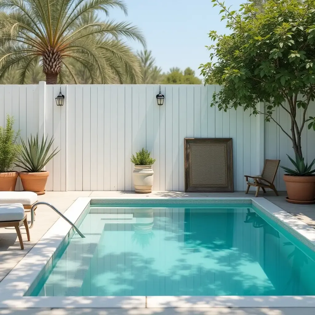 a photo of a tranquil pool surrounded by whitewashed fences and vintage decor