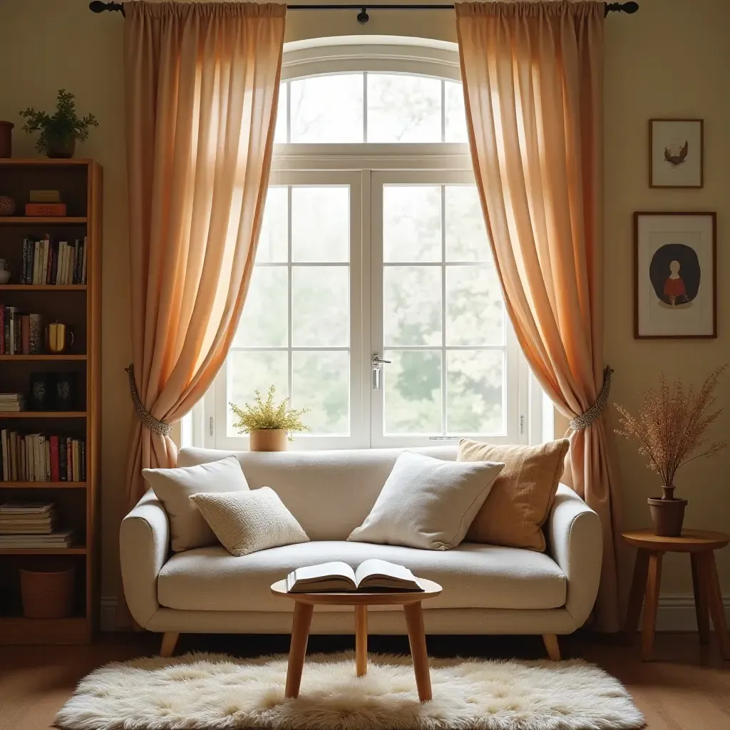 a photo of a reading nook with soft curtains, a plush rug, and a cozy vibe