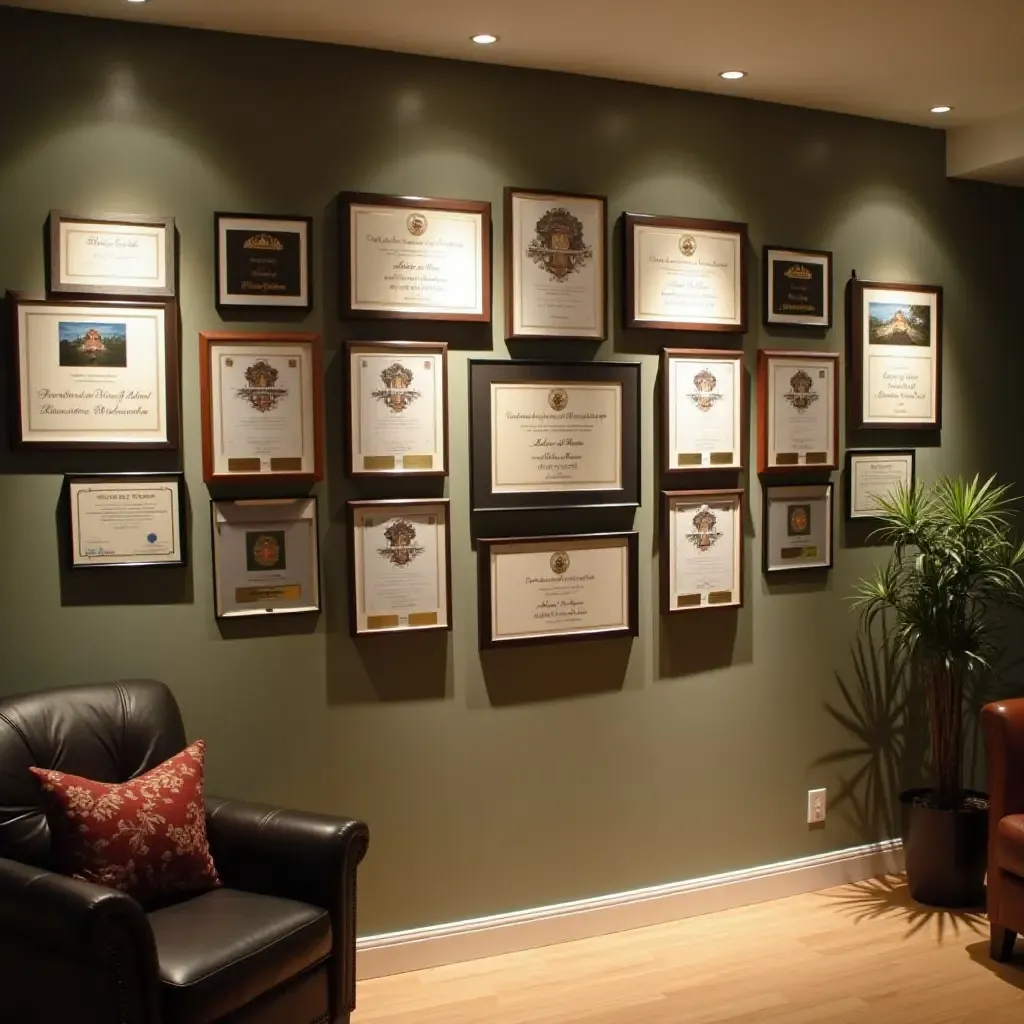 a photo of a basement wall decorated with a series of framed awards and achievements