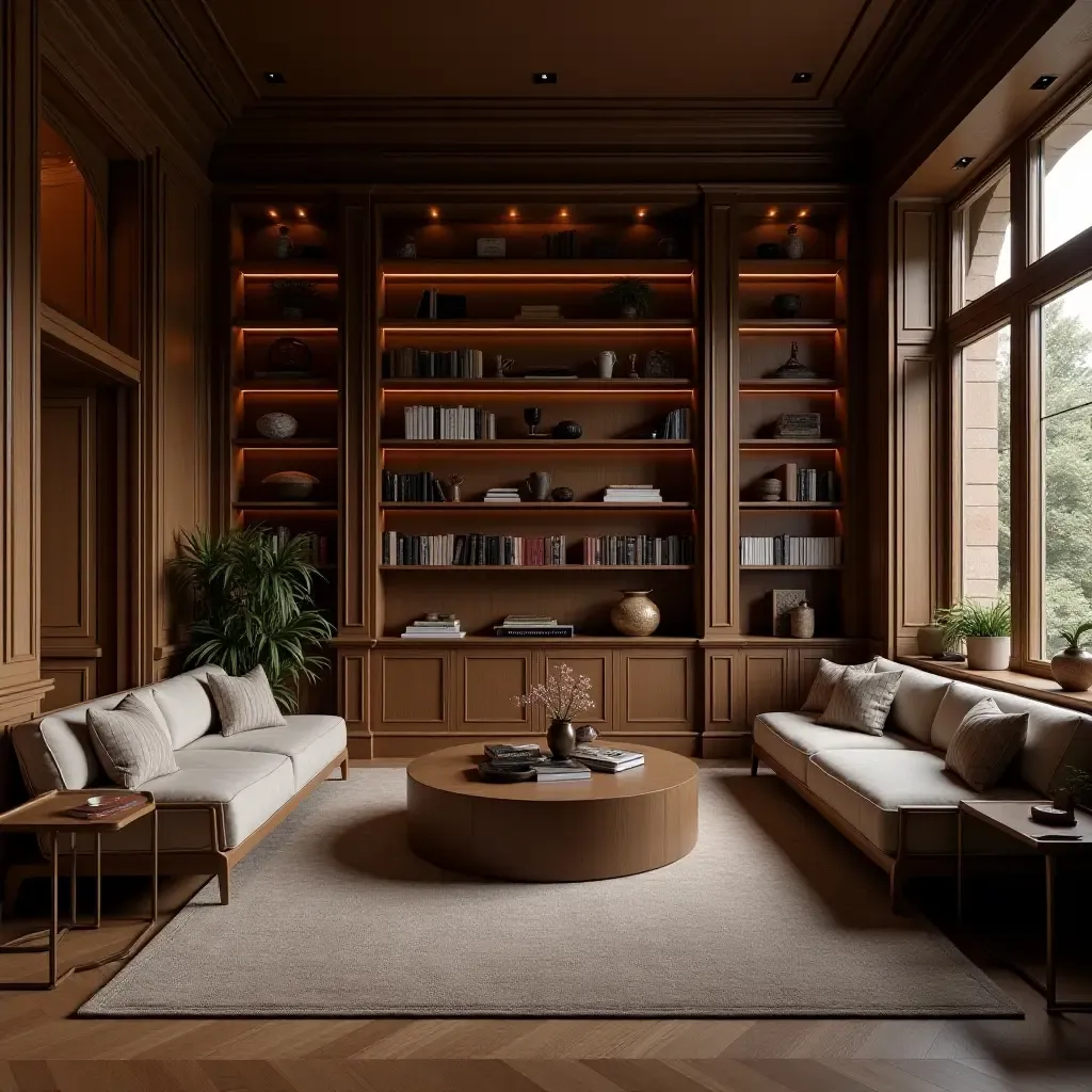 a photo of a cozy library with elegant wooden shelving