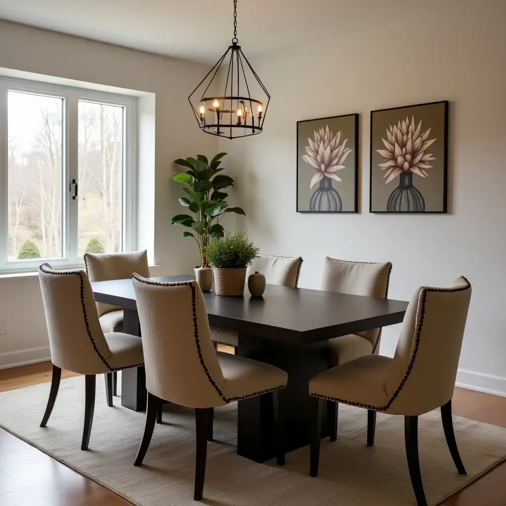 a photo of a basement dining area with elegant throw pillows on dining chairs