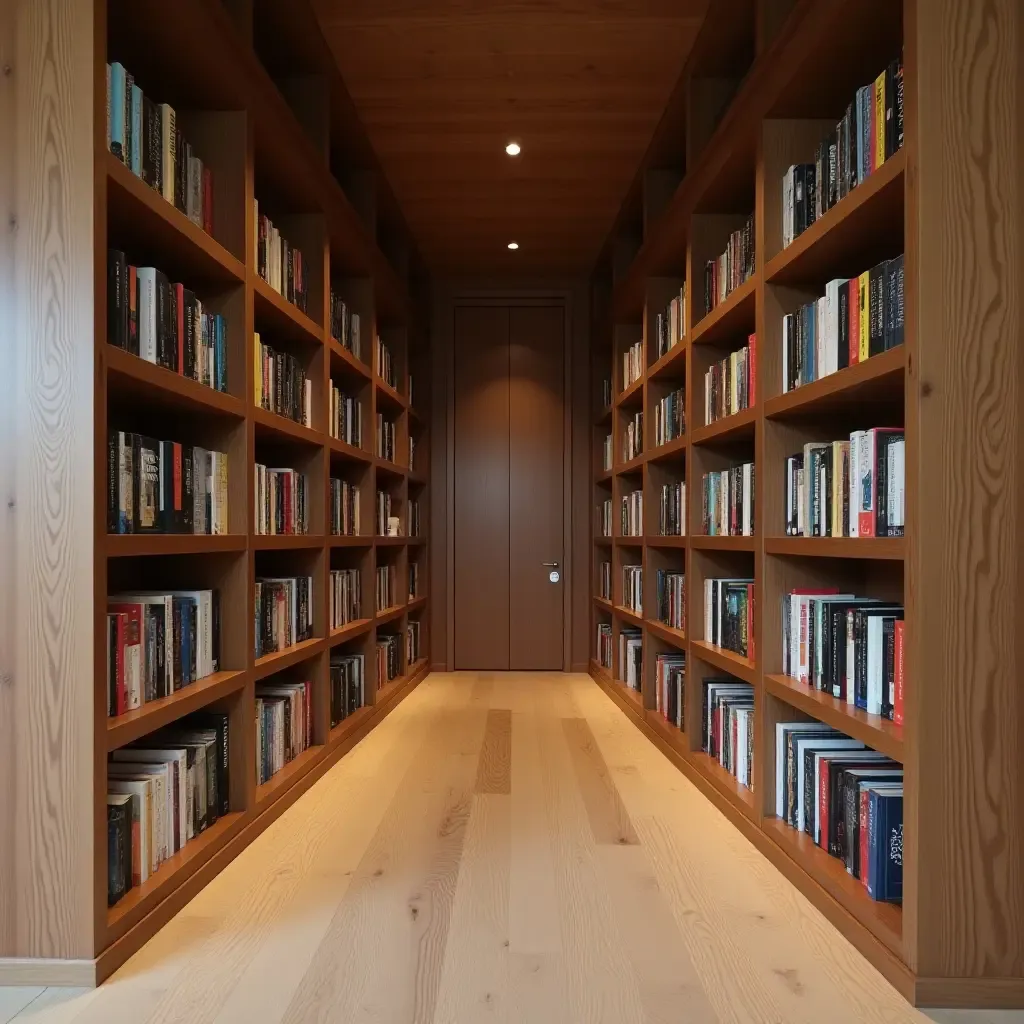 a photo of a wooden bookshelf filled with books in the hallway