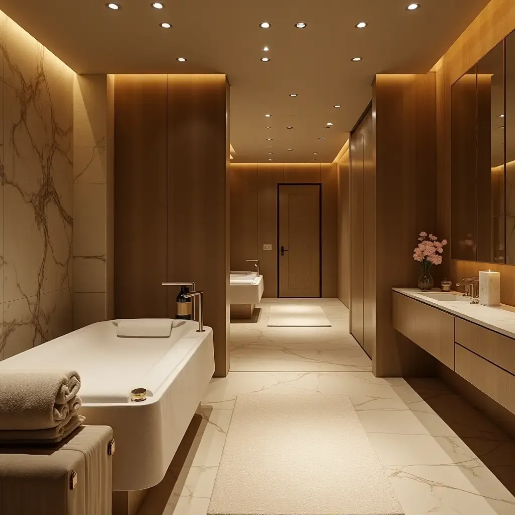 a photo of a luxurious basement spa with metallic decor