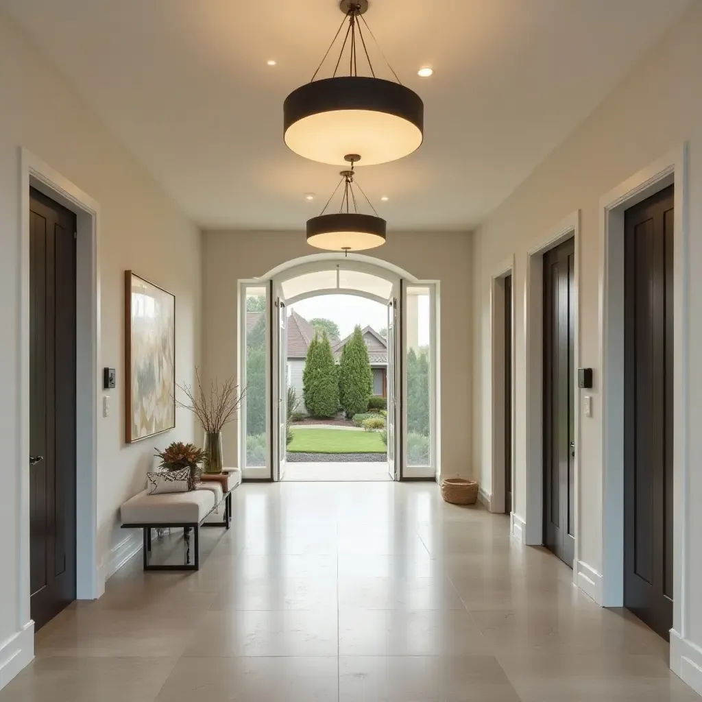 a photo of a spacious entrance hall with oversized pendant lights