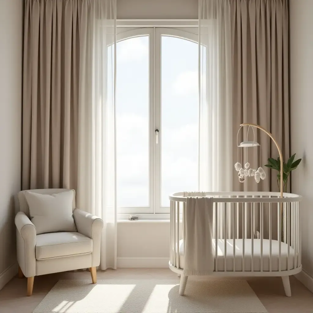 a photo of a nursery with elegant drapes and a stunning mobile