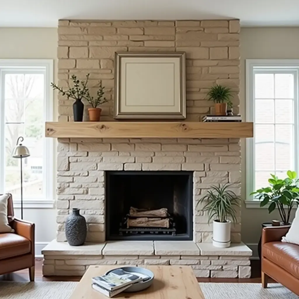 a photo of a chic fireplace surround featuring reclaimed wood accents