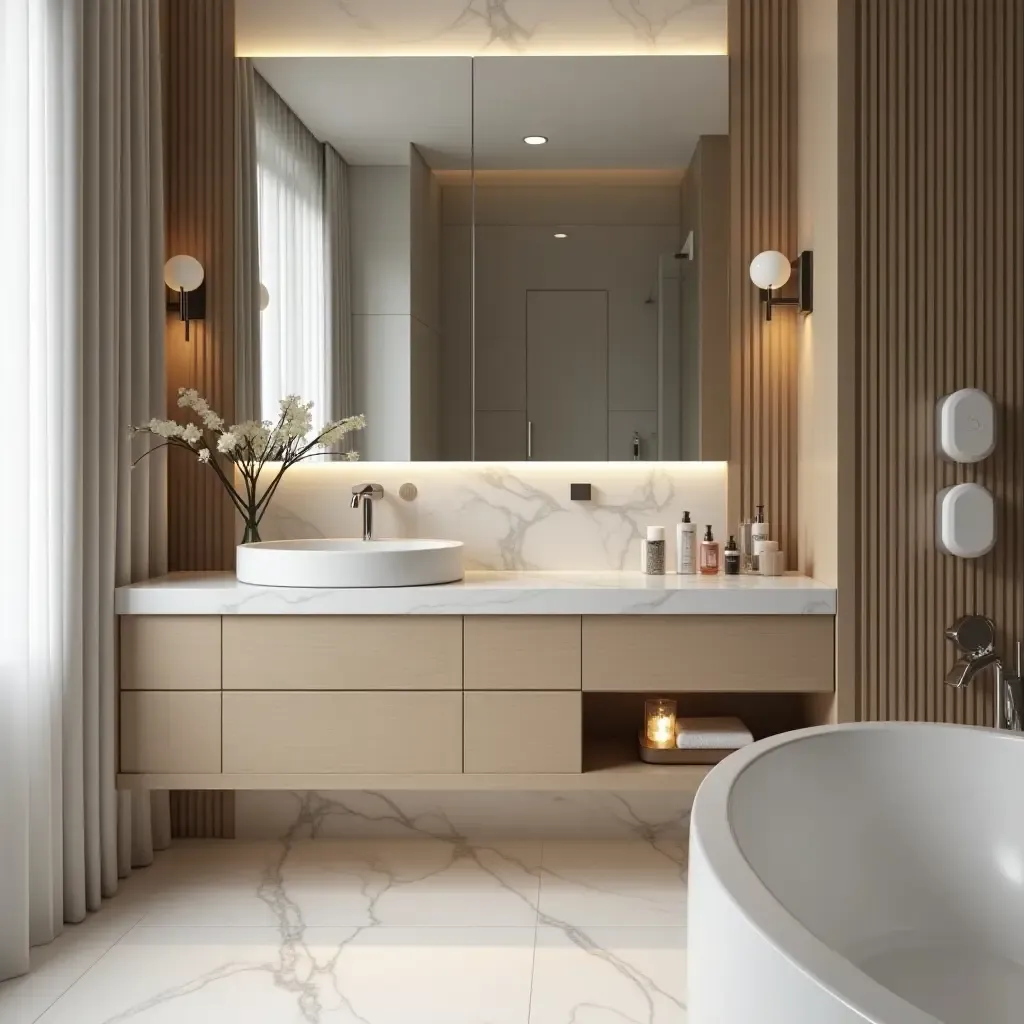 a photo of a glamorous bathroom with designer toiletries and elegant storage