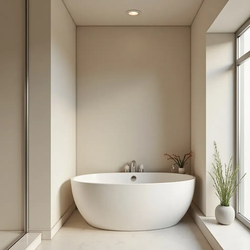 a photo of a bathroom with a soothing color scheme and textures