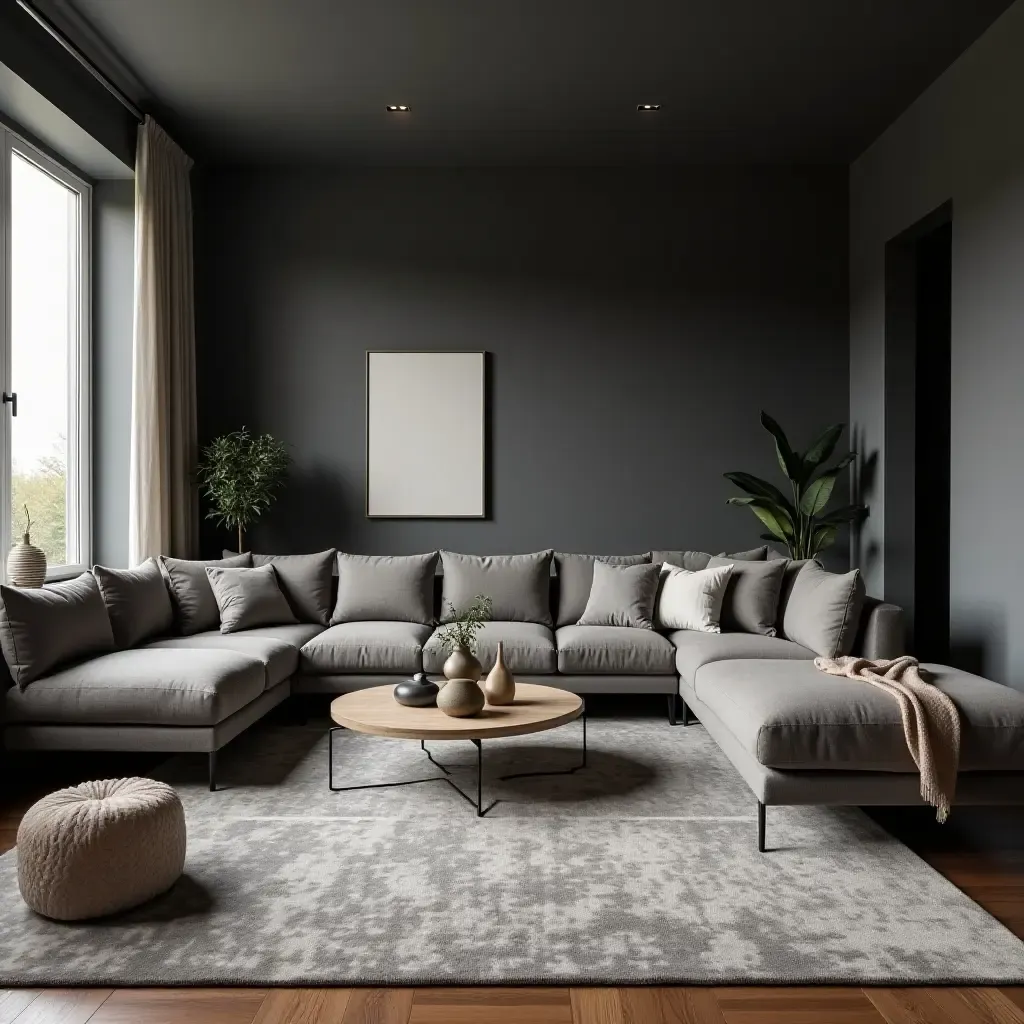 a photo of a dark grey living room with an oversized area rug and inviting seating