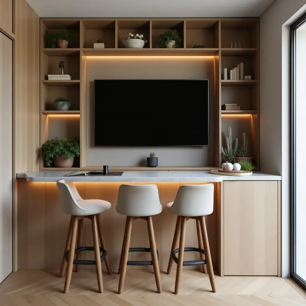 a photo of a TV integrated into a chic corner bar setup with stylish stools