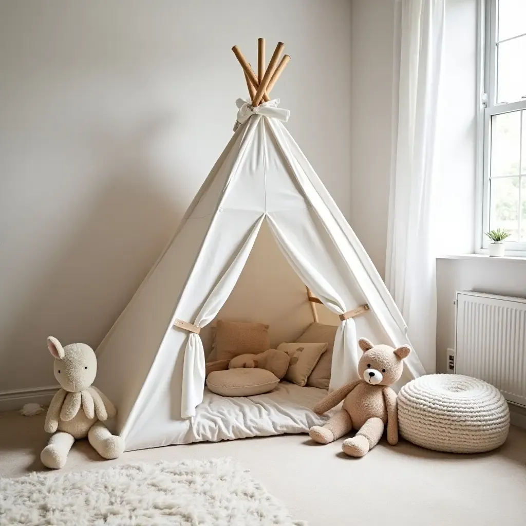 a photo of a playful bedroom with a farmhouse-style tent and plush toys