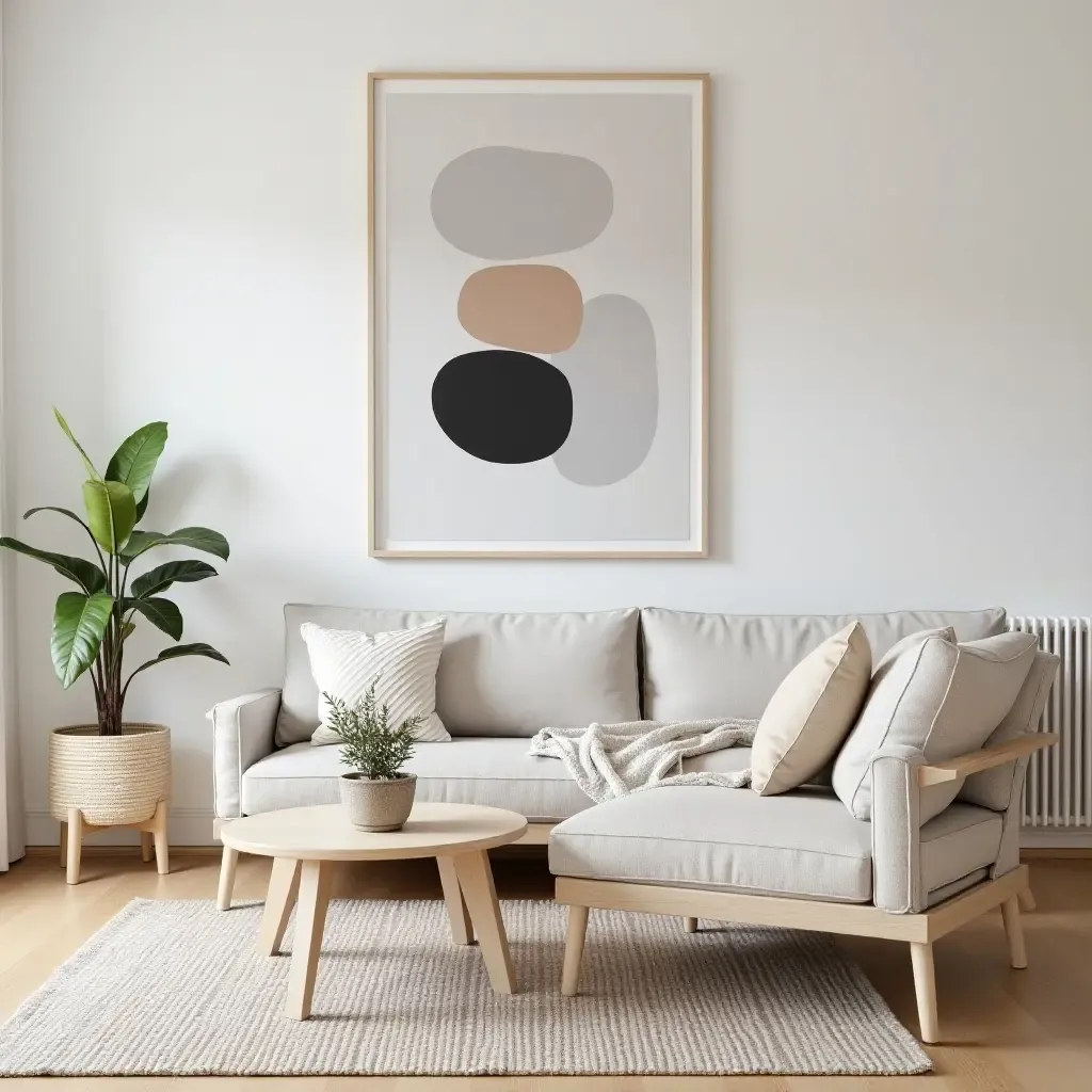 a photo of a Scandinavian living room decorated with abstract art and light wood accents