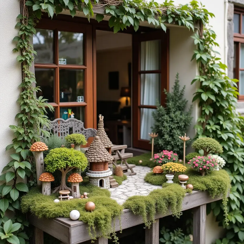 a photo of a balcony featuring a whimsical fairy garden setup