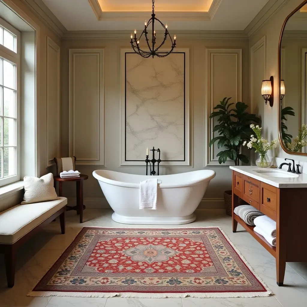 a photo of a vintage Persian rug in a luxurious bathroom