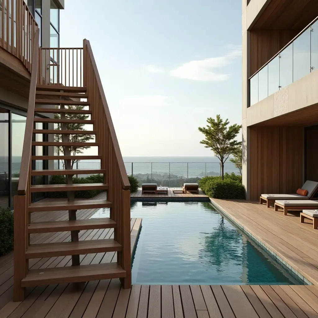 a photo of a wooden staircase leading to a rooftop pool