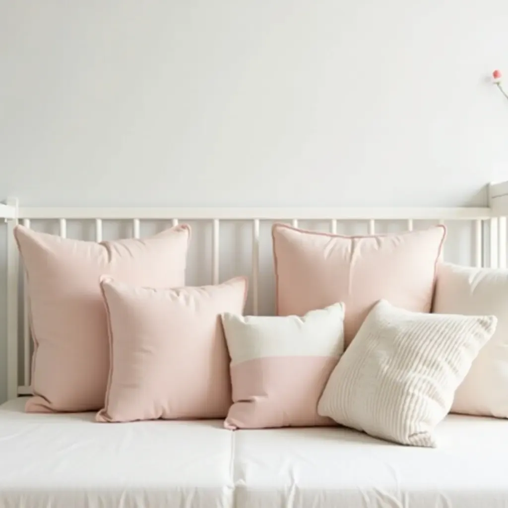 a photo of a nursery with throw pillows in soft, soothing colors