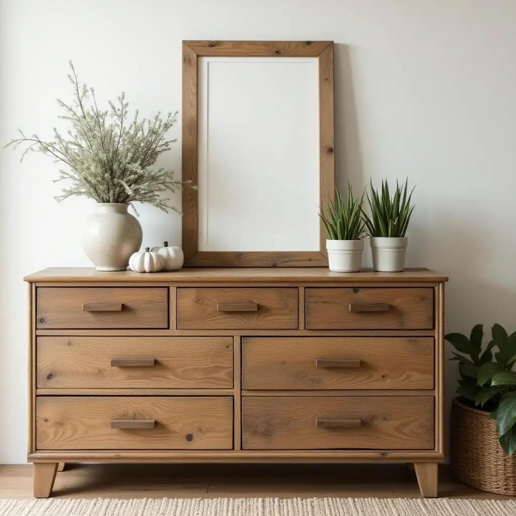 a photo of a reclaimed wood dresser adorned with rustic decor and plants