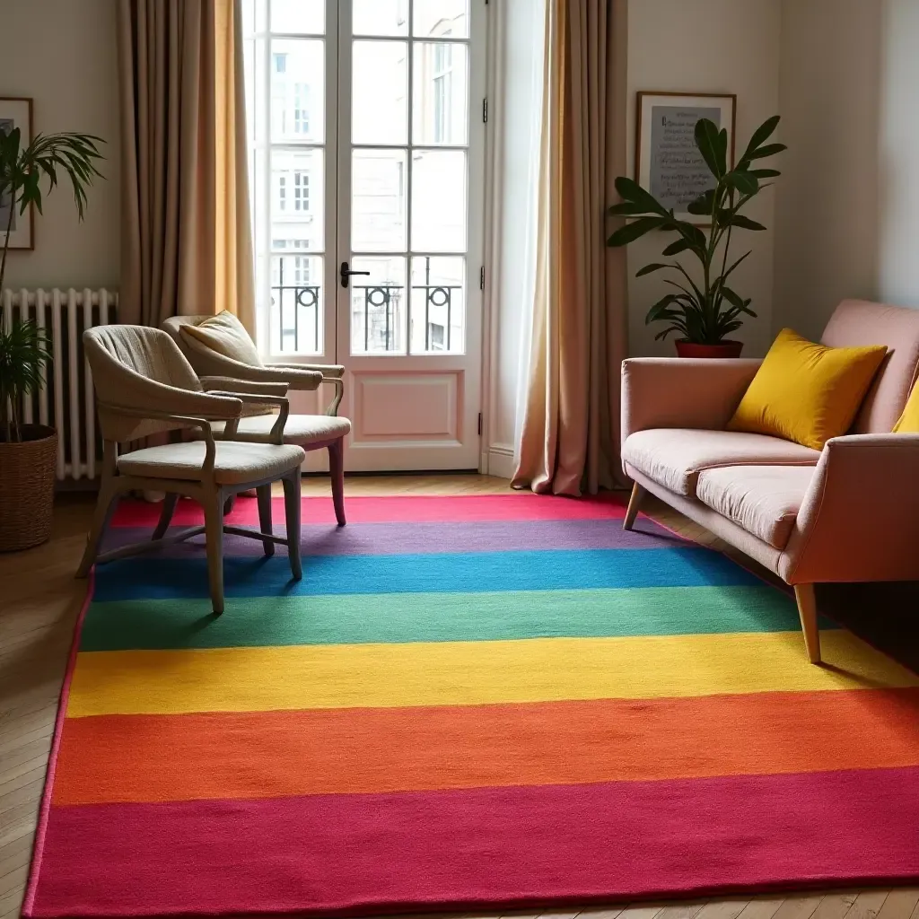 a photo of a rainbow-striped rug adding a pop of color