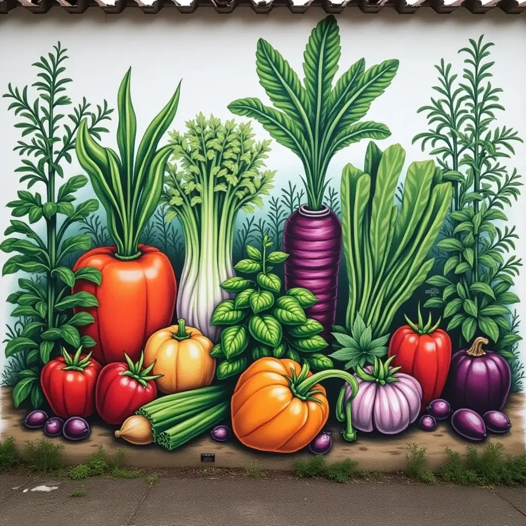 a photo of a mural showcasing garden vegetables and herbs