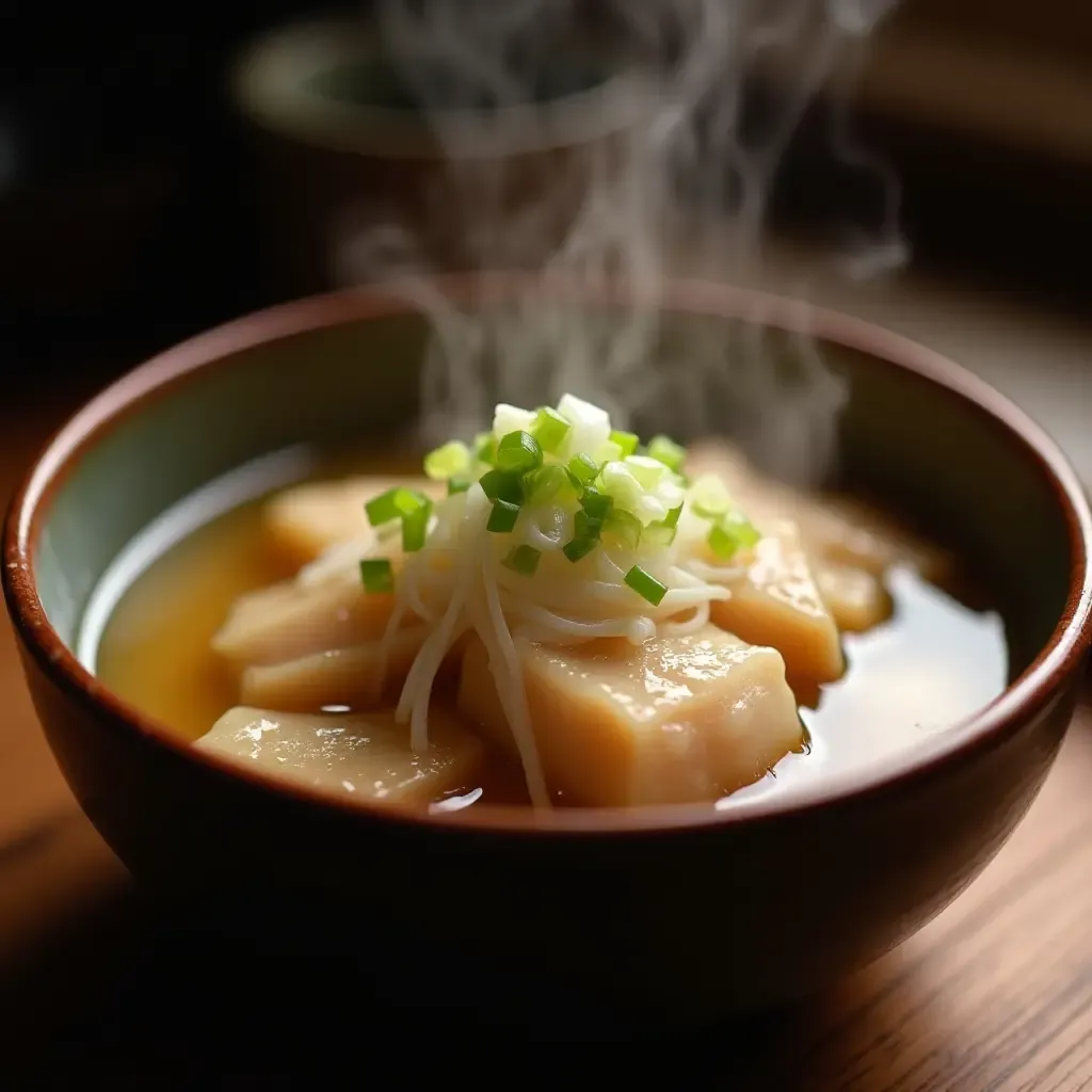 a photo of a steaming bowl of ankimo, monkfish liver, garnished with green onions, rustic Japanese kitchen