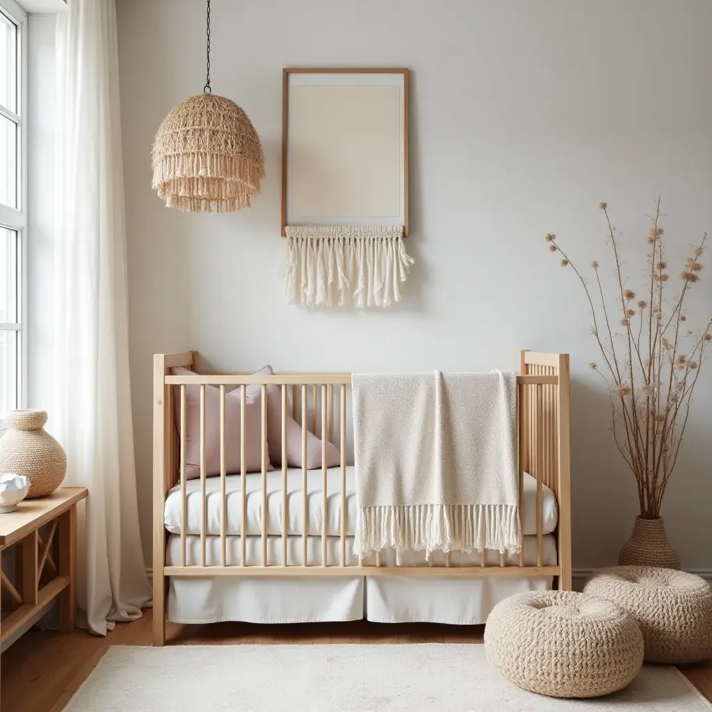 a photo of a nursery featuring a mix of vintage and modern textiles