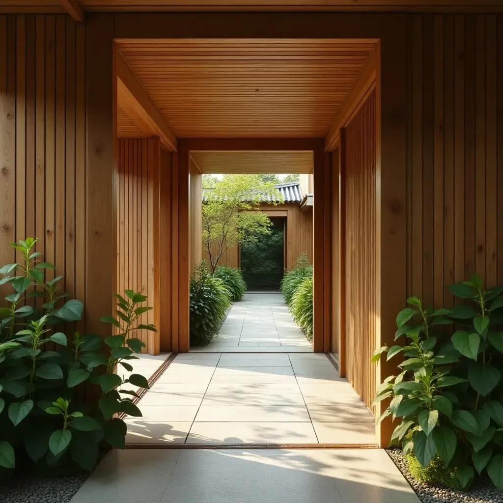 a photo of a corridor with wooden sliding doors and greenery