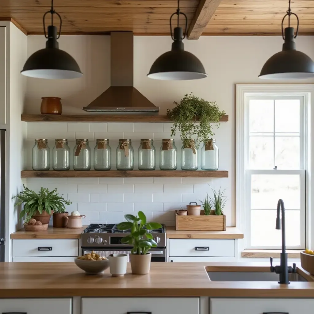 a photo of a rustic kitchen with mason jar storage and farmhouse decor