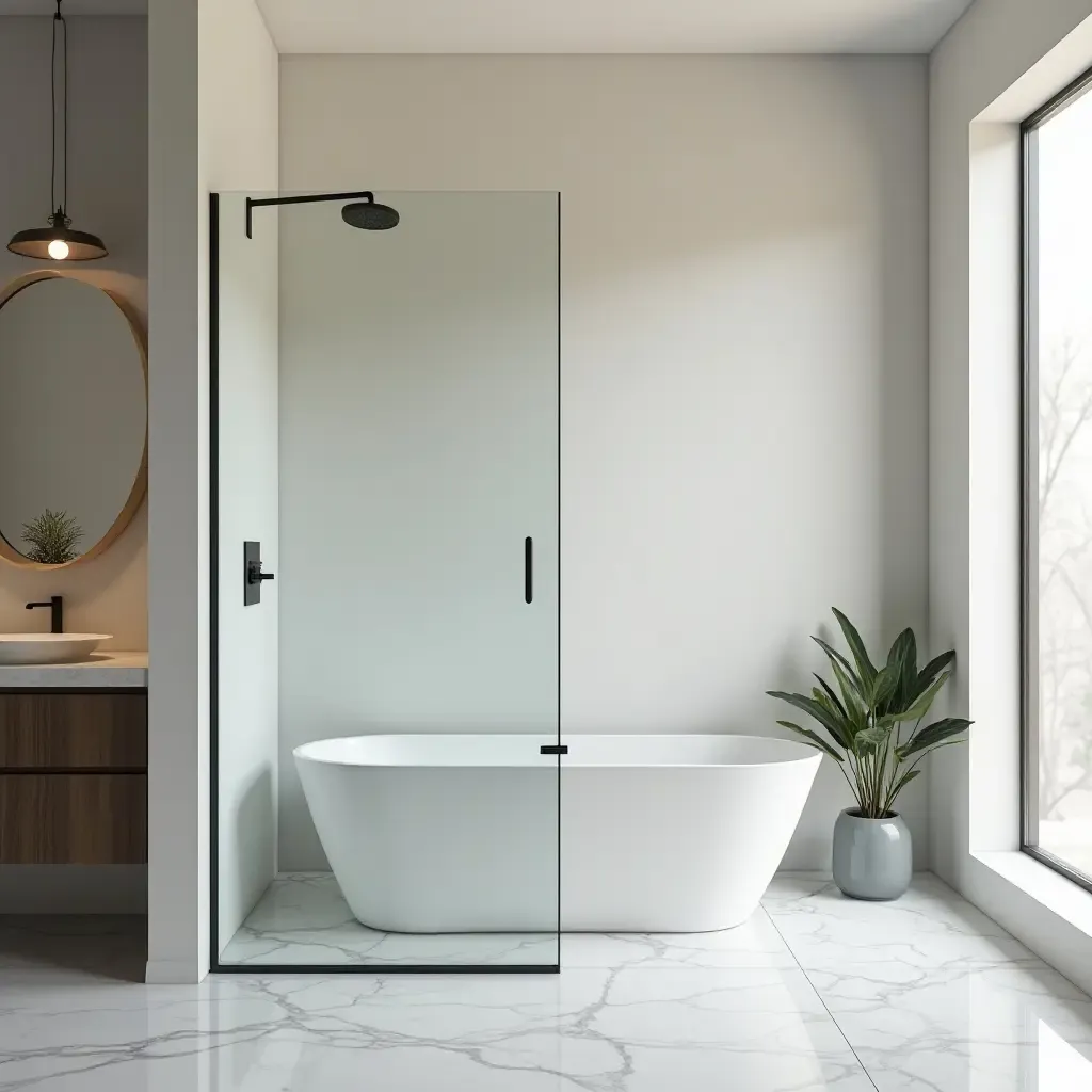 a photo of a chic bathroom with a glass shower and minimalist design