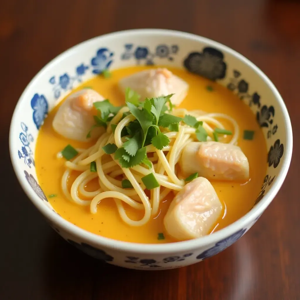 a photo of a bowl of Khanom Jeen Nam Ya, a creamy fish curry noodle dish from Thailand.