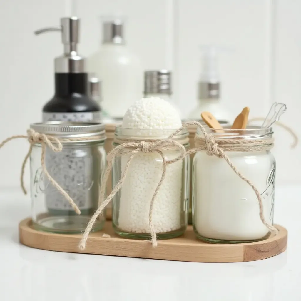 a photo of handmade mason jar organizers for bathroom essentials