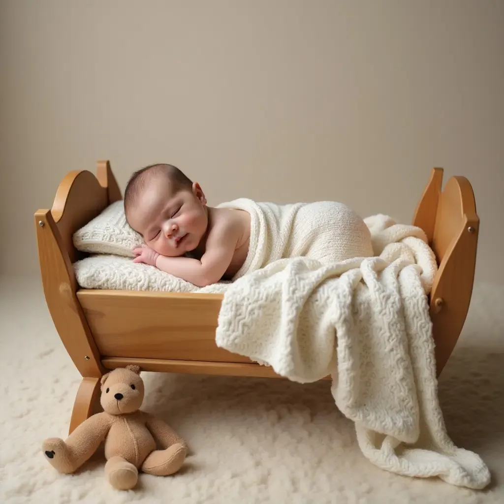 a photo of a wooden cradle surrounded by soft blankets