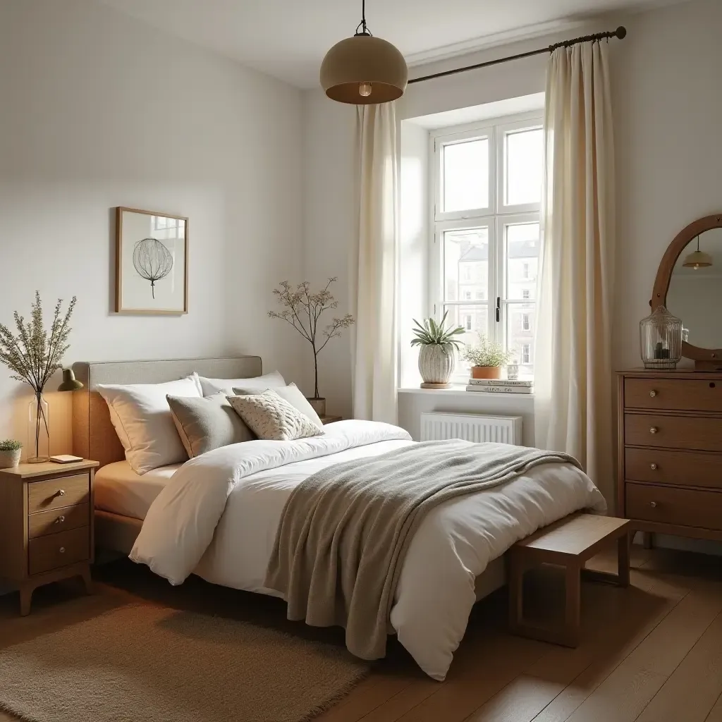 a photo of a charming Scandinavian bedroom with a vintage touch and natural light