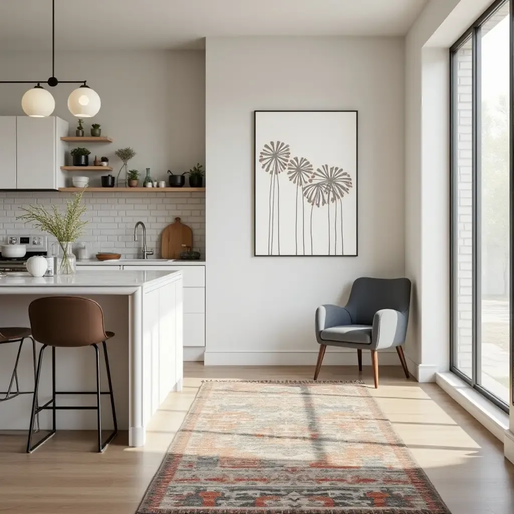 a photo of a kitchen with a stylish rug and unique wall art