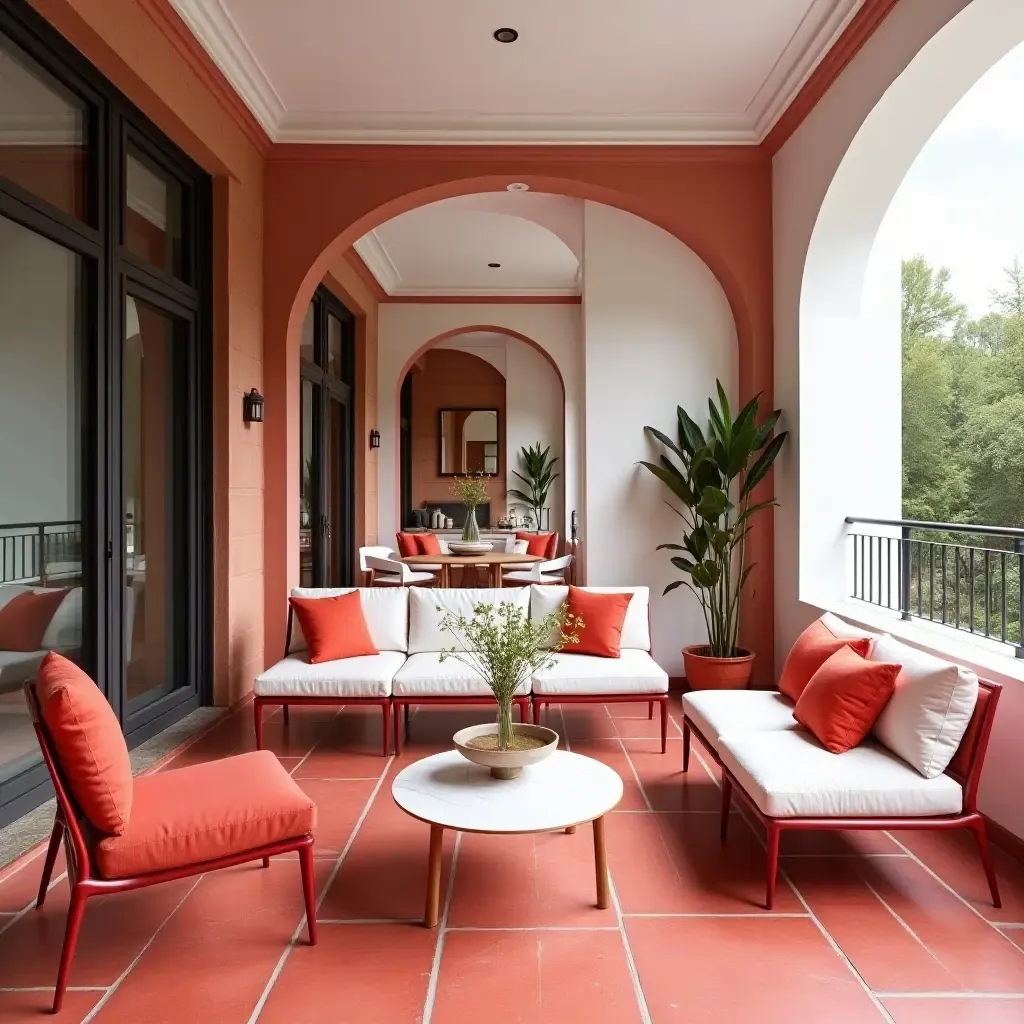 a photo of a balcony adorned with bold red and crisp white furniture