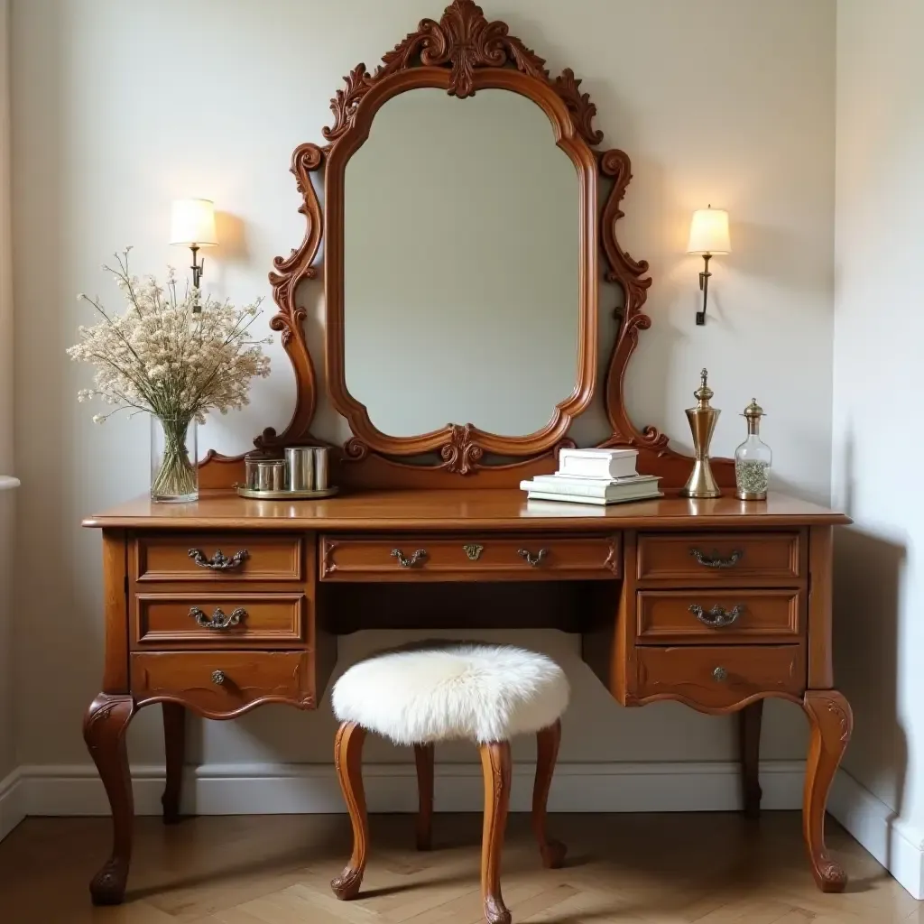 a photo of a vintage vanity with a mirror and accessories