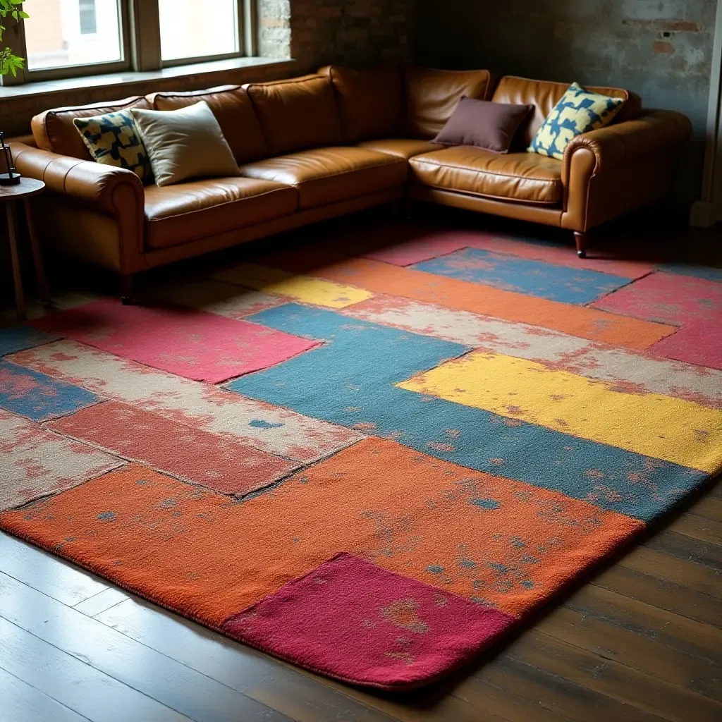 a photo of a fun, colorful area rug with an industrial vibe