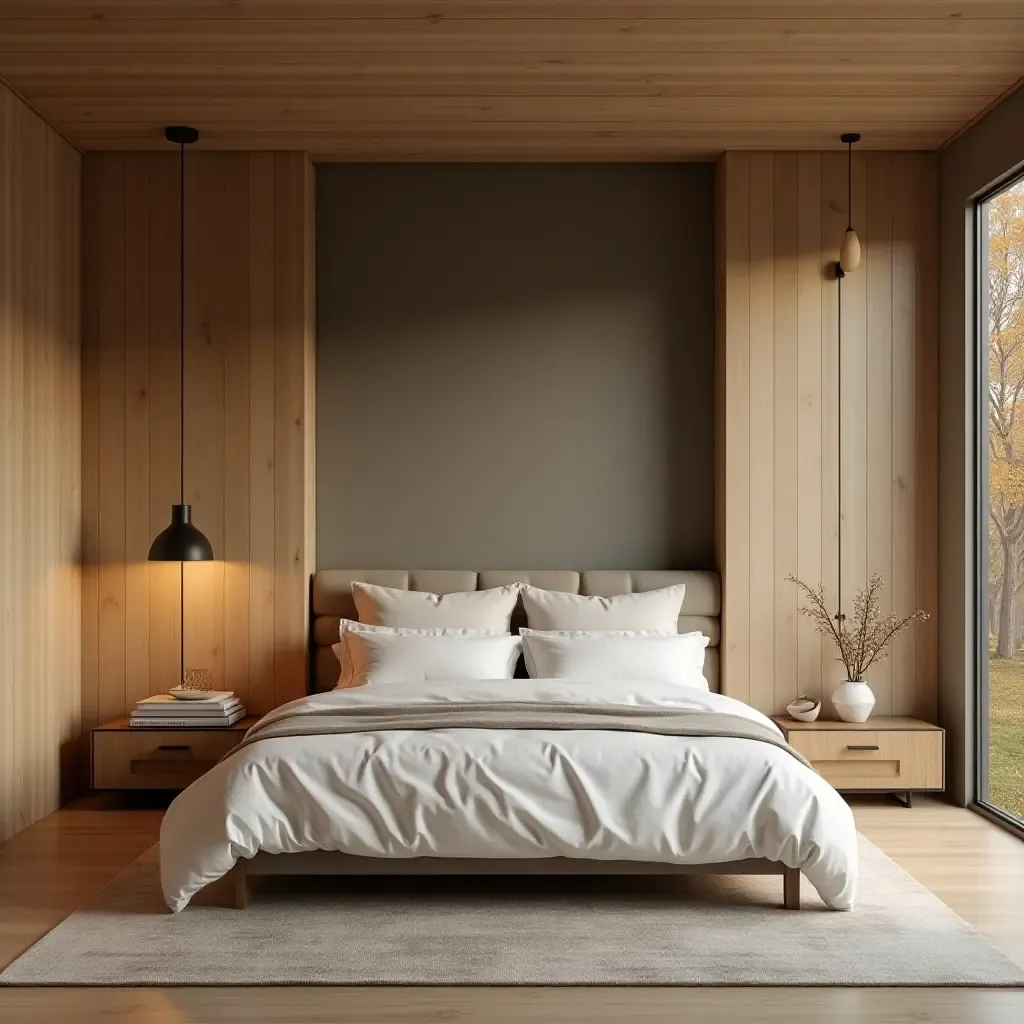 a photo of a bedroom with wooden elements and a serene vibe