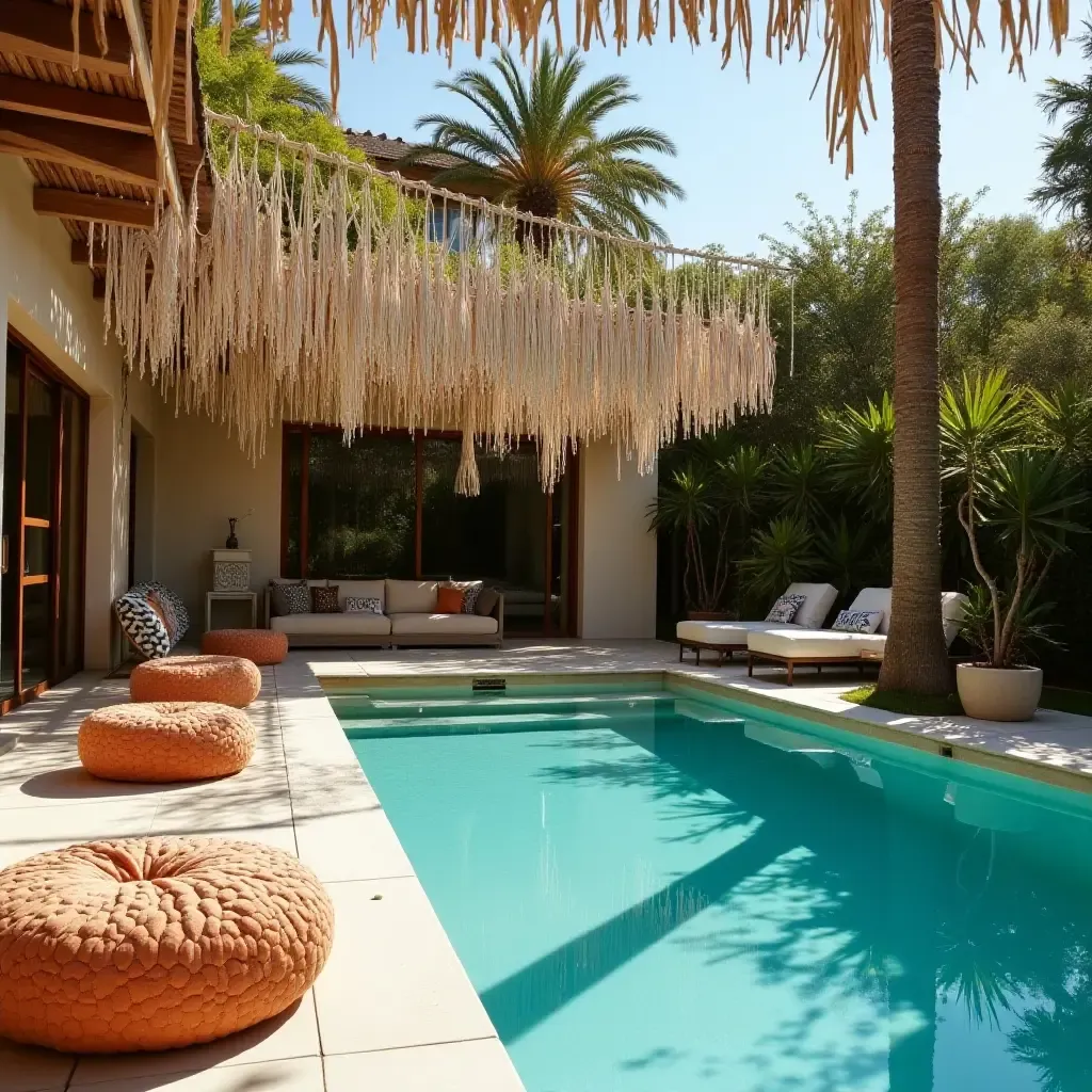 a photo of a bohemian-style poolside with macrame hangings and poufs